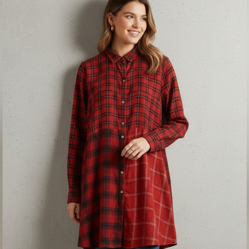 J. Jill Red Plaid Women's Button Down Shirt Dress Longn Sleeve